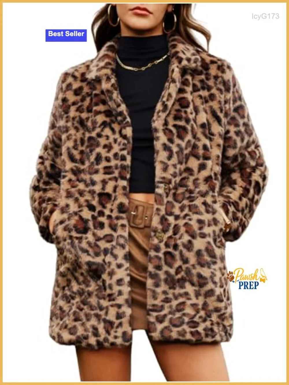 Faux Fur Coat Winter Fluffy Lapel Jacket Leopard Print Long Sleeve Warm